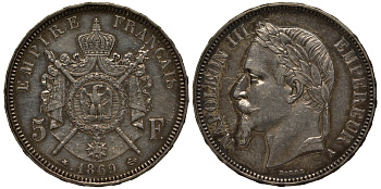 Франция 5 франков 1869 А, Наполеон III (1852-1870) KM 799.1, Gadoury 739 серебро 413-2935