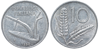 Италия 10 лир 1954 R, колосья KM 93 алюминий 4543-353