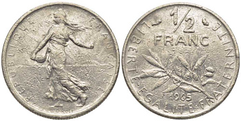 Франция 1/2 франка 1965 сеятель KM 931, Le Franc 198.3 никель 116-617
