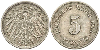 ГЕРМАНИЯ 5 ПФЕННИГОВ 1913 E KM 11, J. 12 медно-никель 105-167