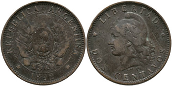 Аргентина 2 сентаво 1892 голова свободы влево KM 8 бронза 4531-1122