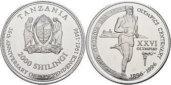 Танзания 2000 шиллингов 1996 XXVI Олимпийские игры 1996 года в Атланте, 100 лет Олимпийскому движению, бег, пробник, рубчатый гурт алюминий PROOF 06-135-12