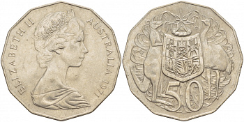 Австралия 50 центов 1971 Елизавета II (1952-2022), герб Австралии, кенгуру KM 68 медно-никель UNC 111-211