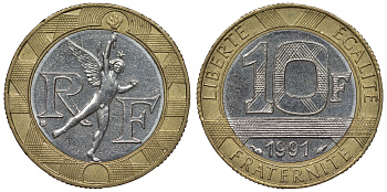 Франция 10 франков 1991 тип гений Бастилии KM 964.1, Le Frank 375.6 биметалл 4128-521