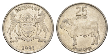 Ботсвана 25 тхебе 1991 Зебу, Всемирный день продовольствия KM 6a сталь плакированная никелем aUNC 51-2231