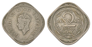 Индия 2 анны 1946 без отметки монетного двора	 - Калькутта KM 542 медно-никель 4624-1112