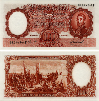 АРГЕНТИНА 100 ПЕСО 1967 СЕРИЯ F 08044, ГЕНЕРАЛ САН МАРТИН, ПОДПИСЬ EGIDIO IANNELLA - PEDRO S. REAL Pick 277 бумага UNC (ПРЕСС) 7204-61-1