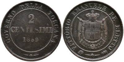 ИТАЛИЯ, ТОСКАНА 2 ЧЕНТЕЗИМО 1859 ВИКТОР ИМАНУИЛ, ВТОРОЙ ПРЕДВАРИТЕЛЬНЫЙ ВЫПУСК KM 82 медь 100-533