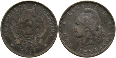 Аргентина 2 сентаво 1892 голова свободы влево KM 8 бронза 4531-1122