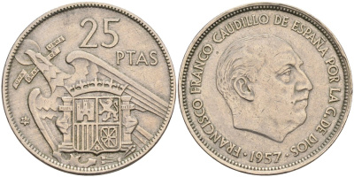 Испания 25 песет 1957(64) Франциско Франко (1939-1975) KM 787 медно-никель 4583-1043