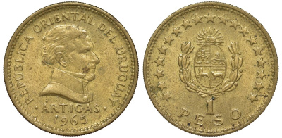 Уругвай 1 песо 1965 KM 46 алюминиевая бронза 28-1155