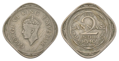 Индия 2 анны 1946 без отметки монетного двора	 - Калькутта KM 542 медно-никель 4624-1112