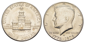 США 1/2 доллара (50 центов) 1976 D, 200 лет независимости, Джон Кеннеди KM 205 медь плакированная медно-никелем aUNC 4545-1011