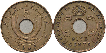 Британская Восточная Африка 5 центов 1942 Георг VI (1936-1952) KM 25.2 бронза 72-131