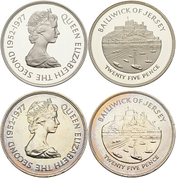 Джерси набор из 2 монет по 25 пенсов 1977 25 лет правления Елизаветы II, в буклете KM 44, 44а серебро, медно-никель PROOF, UNC 3-6-3-26