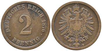 ГЕРМАНИЯ 2 ПФЕННИГА 1876 D, СТАРОГЕРБОВКА KM 2, J. 2 медь 100-917