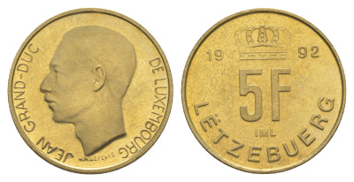 Люксембург 5 франков 1992 Великий герцог Жан (1964-2000), тираж 20.000 экземпляров KM 65 алюминиевая бронза BU 4178-654