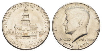 США 1/2 доллара (50 центов) 1976 D, 200 лет независимости, Джон Кеннеди KM 205 медь плакированная медно-никелем aUNC 4545-1011