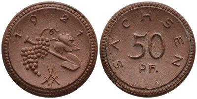 Саксония 50 пфеннигов 1921 виноград и лопата J. N 54 фарфор UNC 1094-8-32