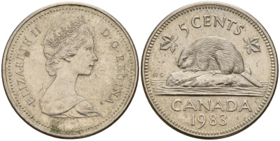 Канада 5 центов 1983 Елизавета II (1952-2022), бобер KM 60.2a медно-никель 4189-914