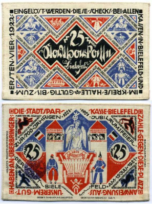 БИЛЕФЕЛЬД, ГЕРМАНИЯ 25 МАРОК 1921 НОТГЕЛЬД, ЗЕМЛЯ СЕВЕРНЫЙ РЕЙН-ВЕСТФАЛИЯ, (15 ИЮЛЯ 1921 - 1 АПРЕЛЯ 1922) ARNOLD KELLER 103.11 шёлк UNC (ПРЕСС) 8518-46-3-2