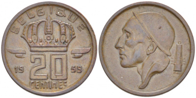 БЕЛЬГИЯ 20 САНТИМОВ 1959 BELGIQUE KM 146 бронза 3718-239