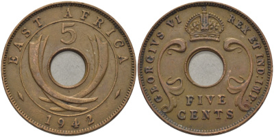 Британская Восточная Африка 5 центов 1942 Георг VI (1936-1952) KM 25.2 бронза 72-131