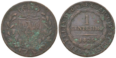 Сардинское королевство (Сардиния) 1 чентезимо 1826 KM 125 медь 4615-824