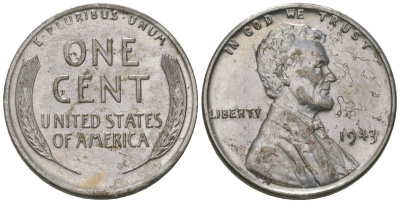 США 1 цент 1943 Авраам Линкольн KM 132 a сталь покрытая цинком aUNC 112-1168