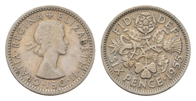 Великобритания 6 пенсов 1955 Елизавета II (1952-2022) KM 903, Spink 4149 медно-никель 206-1239