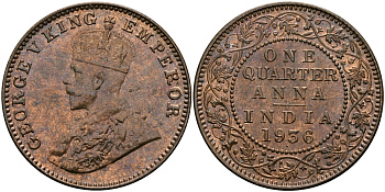 Британская Индия 1/4 анна 1936 Георг V (1910-1936) KM 512 бронза UNC 94-251