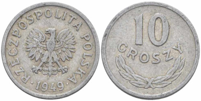 ПОЛЬША 10 ГРОШЕЙ 1949 KM 42а алюминий 105-726