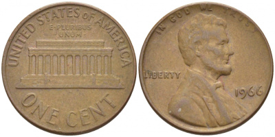 США 1 ЦЕНТ 1966 ЛИНКОЛЬН KM 201 медь цинк 3851-1036