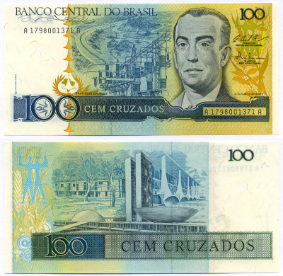 БРАЗИЛИЯ 100 КРУЗАДО 1987 ПОДПИСЬ 25, ЖУСЕЛИНУ КУБИЧЕК Pick 211c бумага UNC (ПРЕСС) 8564-50-3