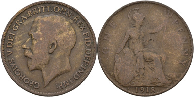 Великобритания 1 пенни 1918 Георг V (1910-1936) KM 810, Spink 4051 бронза 4144-821