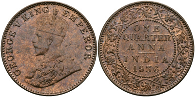 Британская Индия 1/4 анна 1936 Георг V (1910-1936) KM 512 бронза UNC 94-251