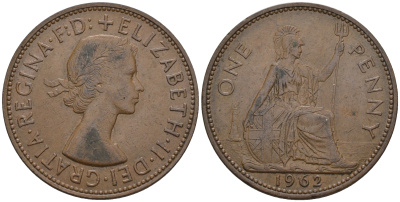 Великобритания 1 пенни 1962 Елизавета II (1952-2022) KM 897, Spink 4157 бронза 4607-1133