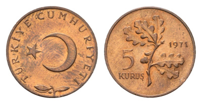 Турция 5 курушей 1971 KM 890.2 бронза UNC 4674-1027