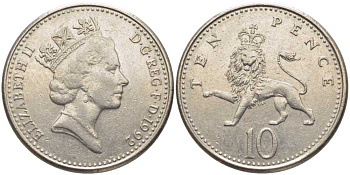 Великобритания 10 пенсов 1992 Елизавета II (1952-2022) KM 938b, Spink 4367 (F4) медно-никель 117-137