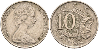 Австралия 10 центов 1968 Елизавета II (1952-), птица лирахвост KM 65 медно-никель 190-823