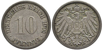 Германия 10 пфеннигов 1902 F KM 12, Jager 13, Weege 8 медно-никель 219-351