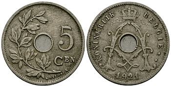 Бельгия 5 сантимов 1921 Belgie KM 67 медно-никель 4173-228