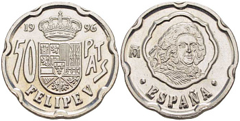 ИСПАНИЯ 50 ПЕСЕТ 1996 ПОРТРЕТ КОРОЛЯ ФИЛИППА V, ХУАН КАРЛОС I (1975-) KM 963 медно-никель 213-224