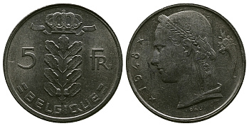 БЕЛЬГИЯ 5 ФРАНКОВ 1948 BELGIQUE KM 134.1 медно-никель 4384-735