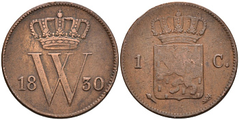 Нидерланды 1 цент 1830 Виллем I (1815-1840), редкая KM 47 медь 1528-411