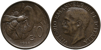 Италия 10 чентезимо 1928 R, Виктор Эммануил III (1900-1946), пчела KM 60 бронза 76-733