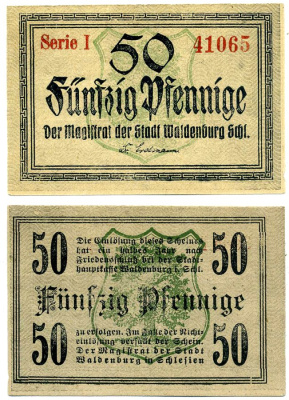 Вальденбург 50 пфеннигов 1918 полгода после мира, нотгельд, земля Силезия, серия 1 Grabowski W3.13 бумага 2193-18-3-1