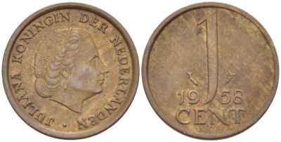 НИДЕРЛАНДЫ 1 ЦЕНТ 1958 ЮЛИАНА KM 180 бронза 66-845