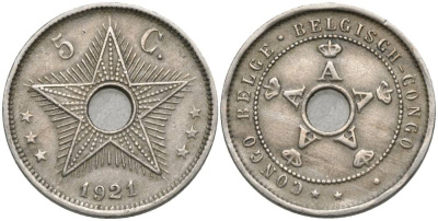 Бельгийское Конго 5 сантимов 1921 звезда KM 17 медно-никель 4549-1132