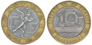 Франция 10 франков 1989 тип гений Бастилии KM 964.1, Le Franc 375.3 биметалл 45-616